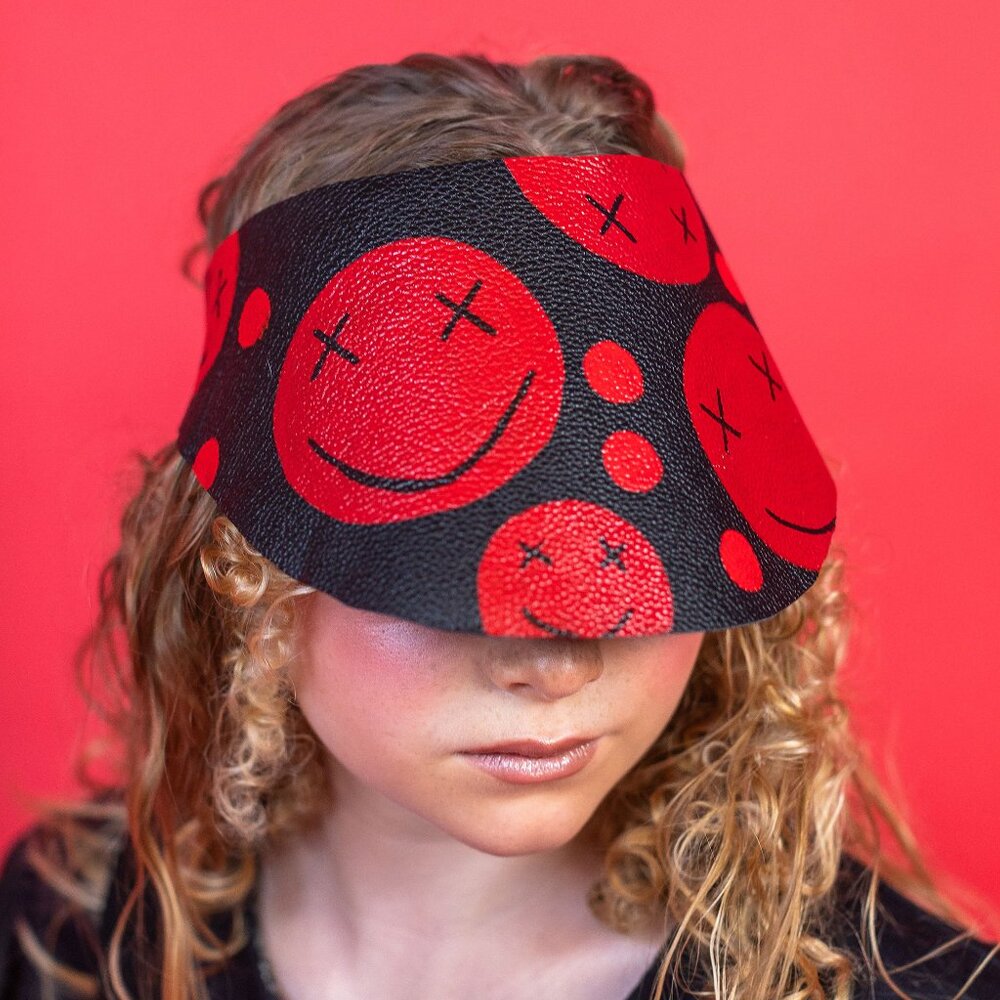 Unique Eco-Friendly Visor Hat, Hand-Painted 'Smiley', Upcycled Leathe